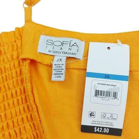 Sofia Vergara Midi Dress 2X Yellow Tie Front Spaghetti Strap Button Linen Blend - Picture 11 of 12